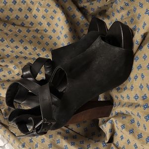 AllSaints Wrap Buckle Suede Peep Toe Heels